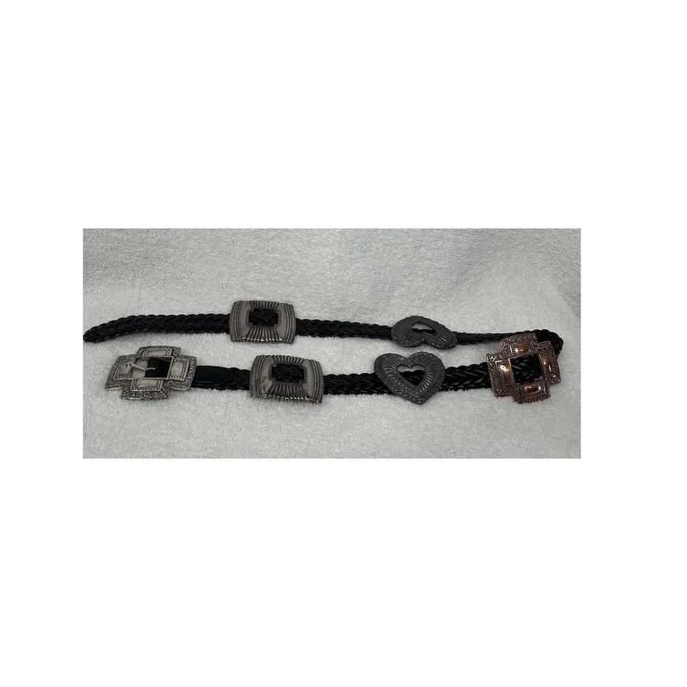 Brighton Vintage Western Braided Leather Belt Cross Heart Buckles interchangeabl
